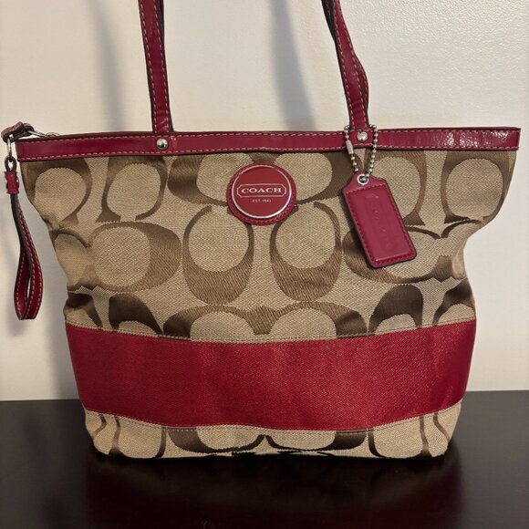 Coach Signature Khaki Red Stripe Red Patent Leather Medium Tote - Picture 5 of 11